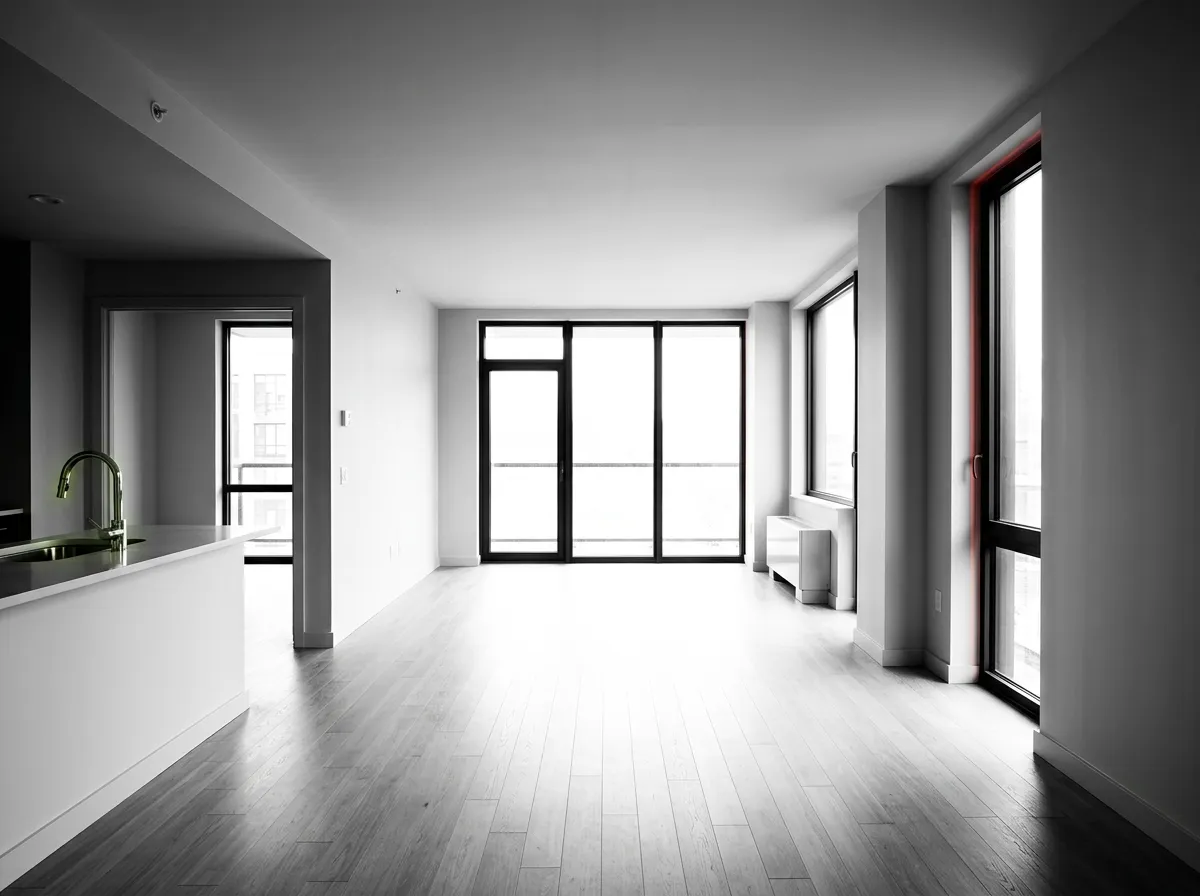 Clinical black-and-white industrial photograph of an empty cleared apartment unit with high-contrast sharp architectural lines and red accent framing