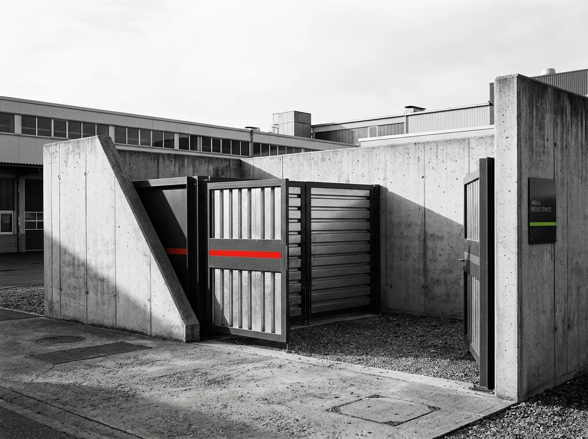 Industrial monochrome photograph of a pristine commercial dumpster enclosure and property service staging zone with sharp angular composition