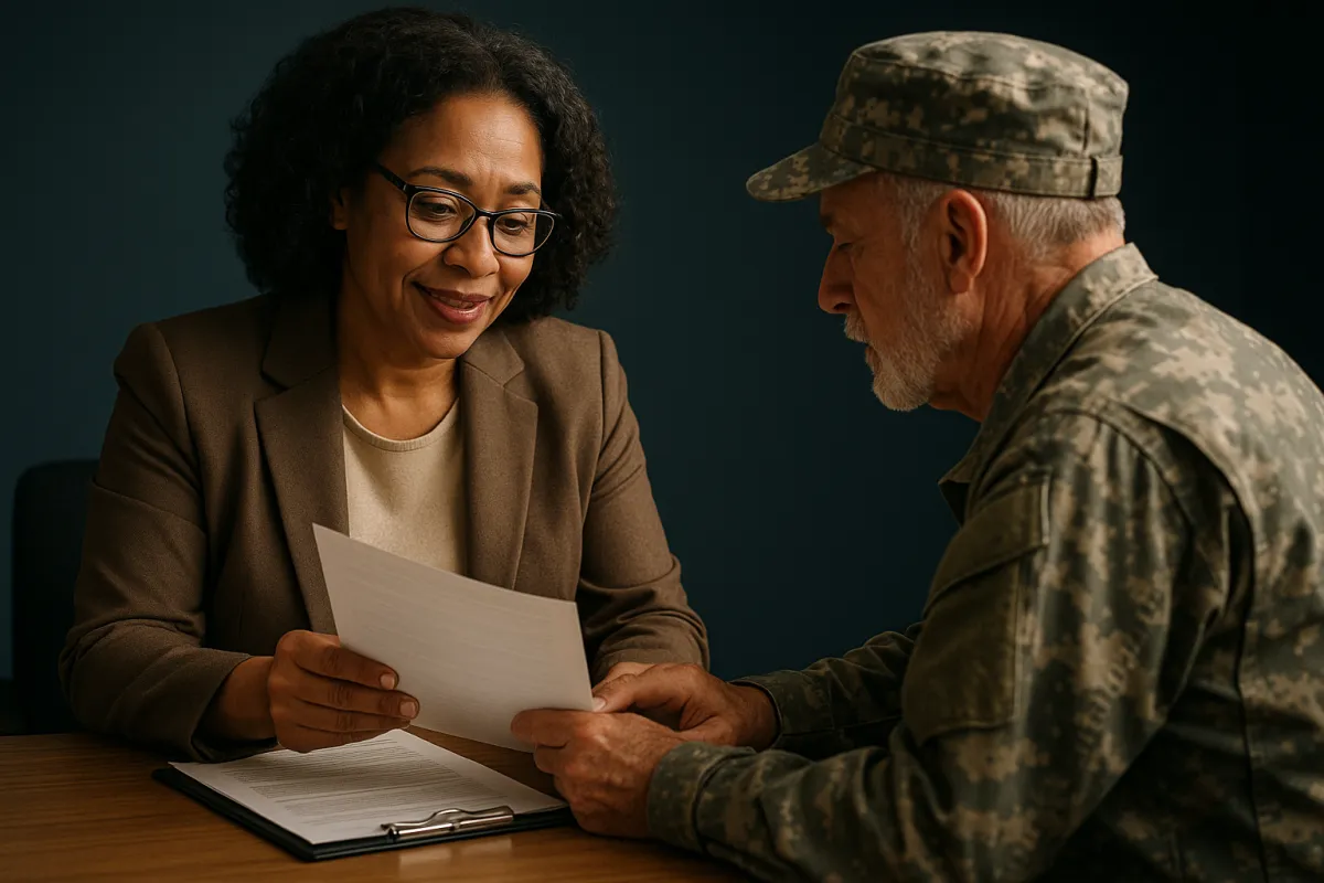 Benefits advisor assisting a veteran at a desk