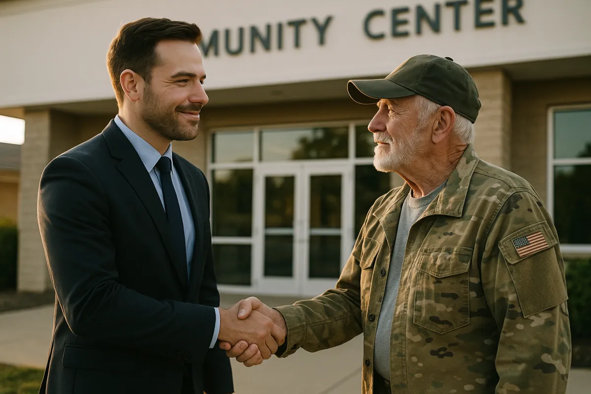 Confident agent shaking hands with an older veteran outside a community center