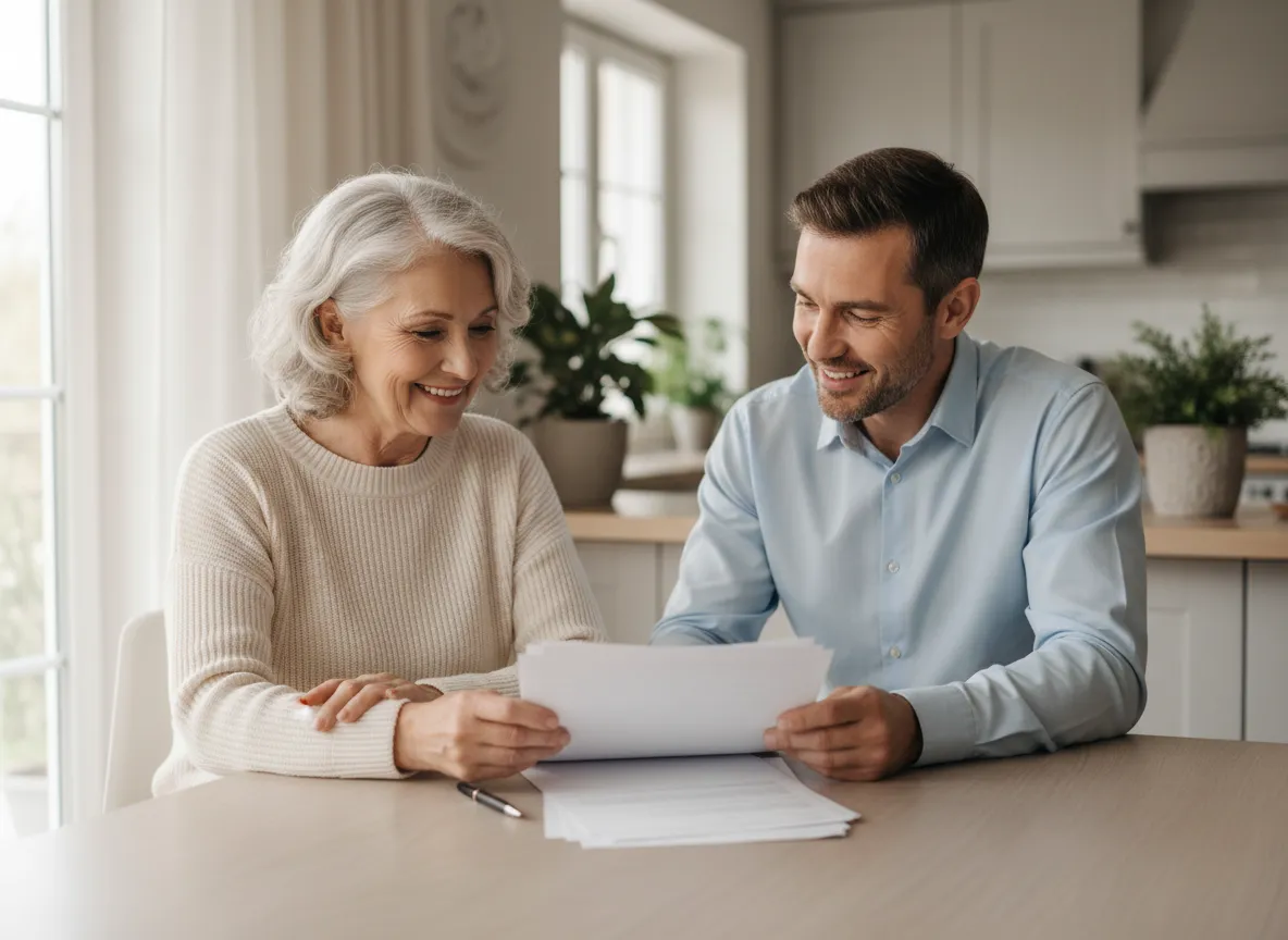 Smiling senior woman talking with advisor over paperwork