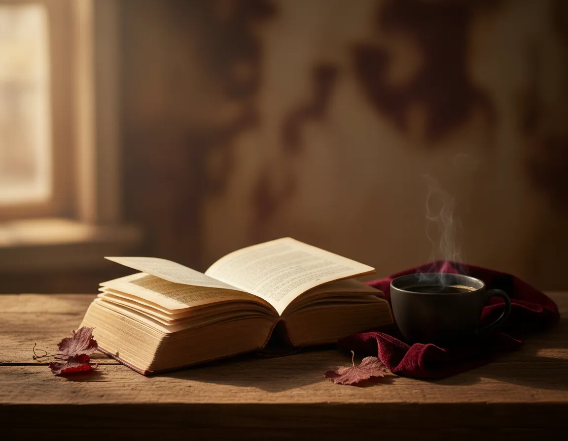 An open book resting on a textured tabletop