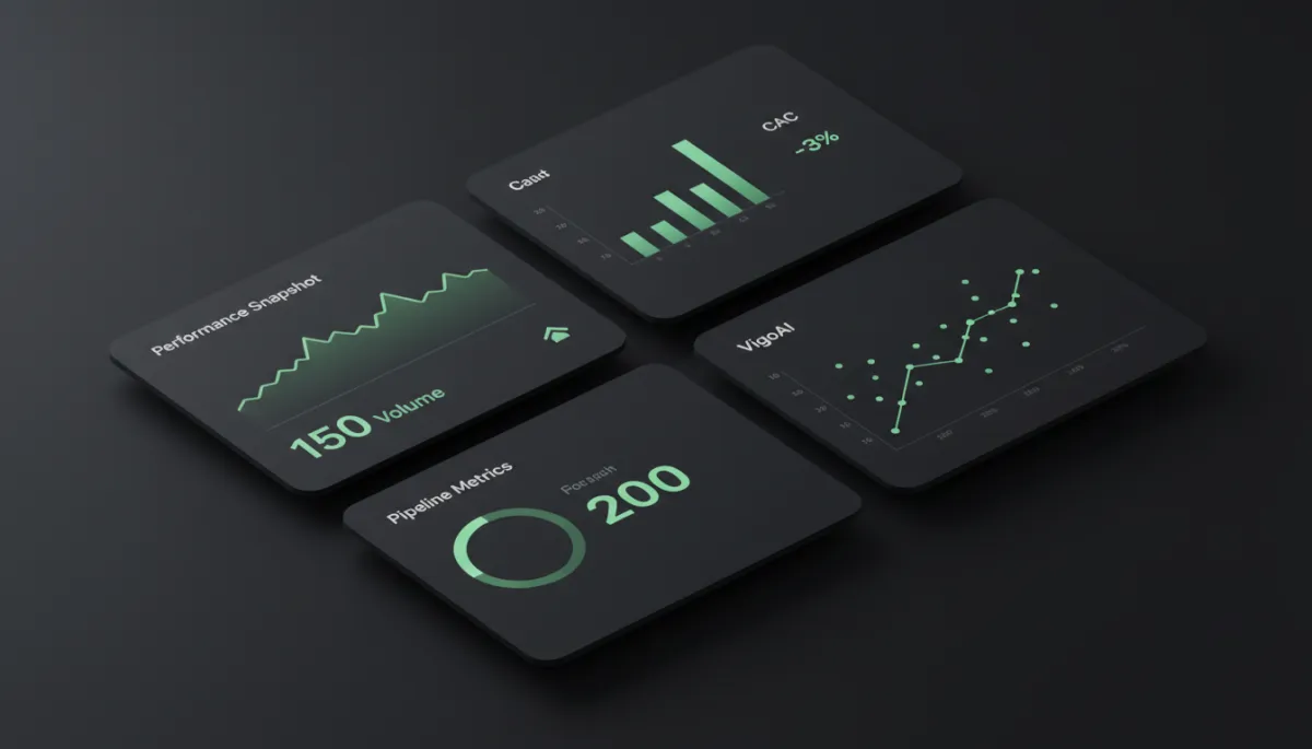 VigoAI marketing dashboard mockup with charts and KPI tiles