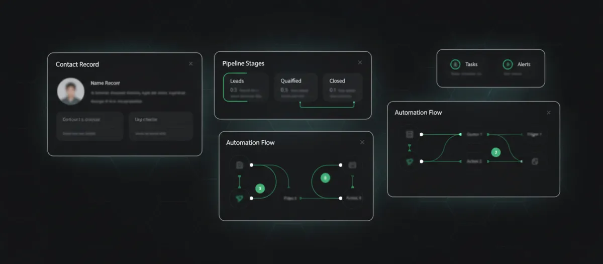 Material-style mockup of CRM, automation flows, and notifications