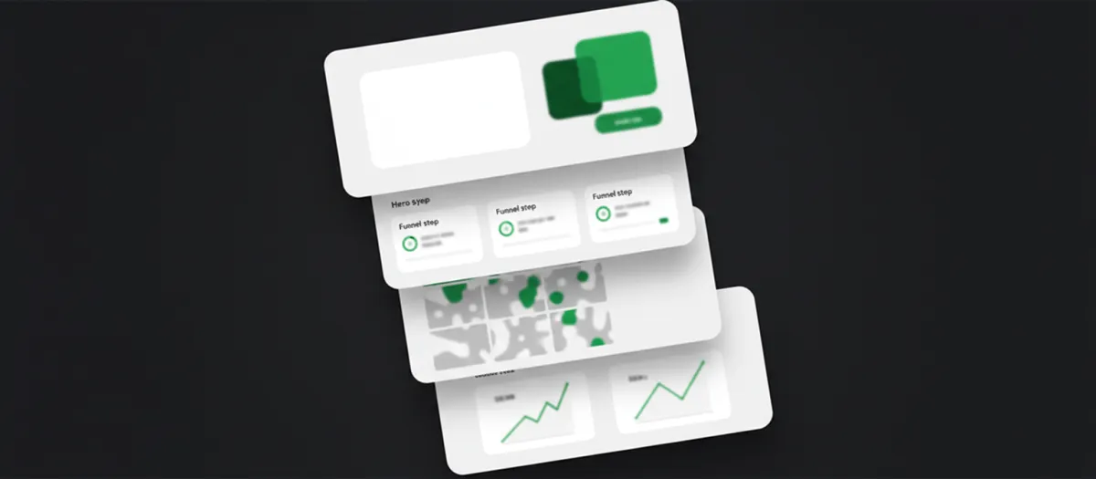 Material-style mockup of landing page, funnel steps, and heatmaps
