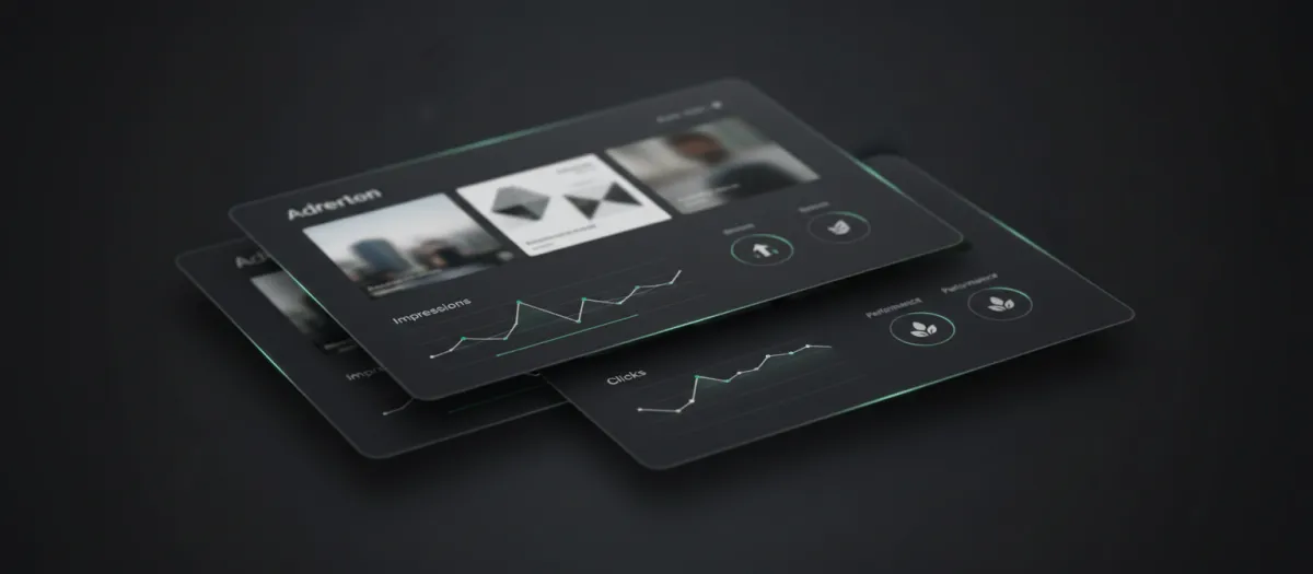 Material-style mockup of ad creatives and campaign analytics