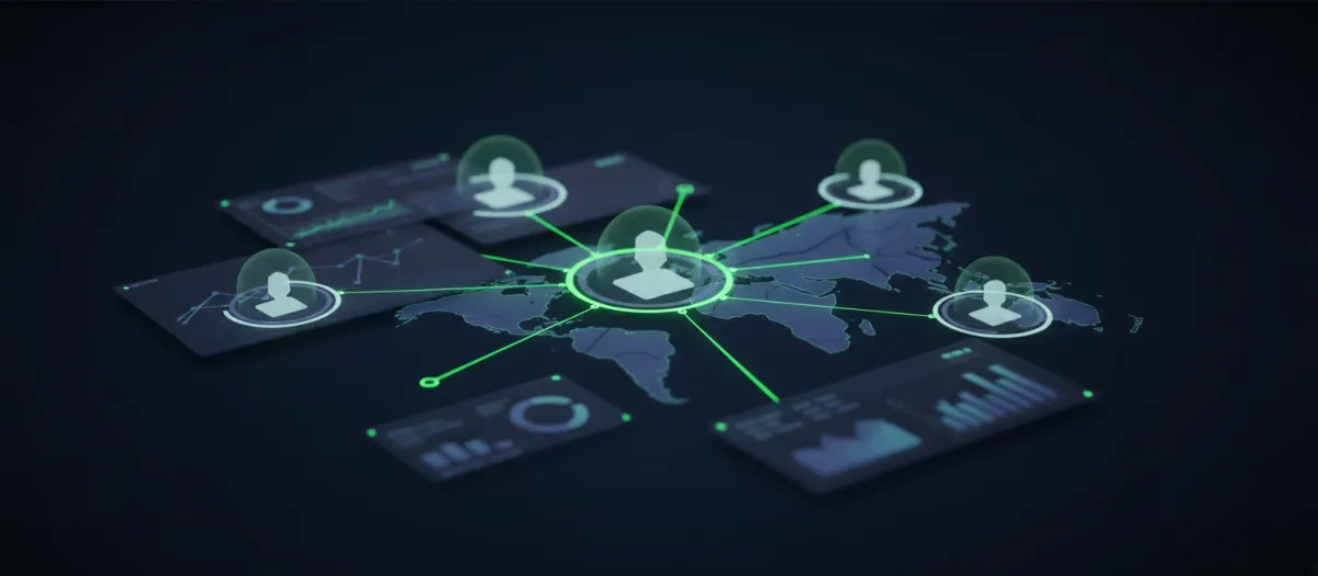 Material-style collage of founders and dashboards connected by lines
