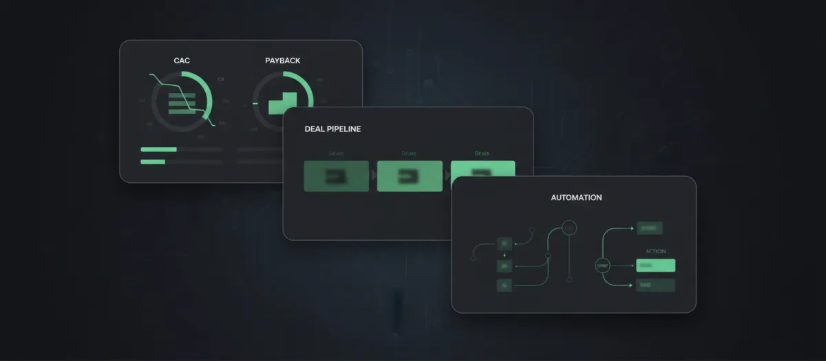 Material-style image of stacked cards showing metrics, CRM, and automation flows