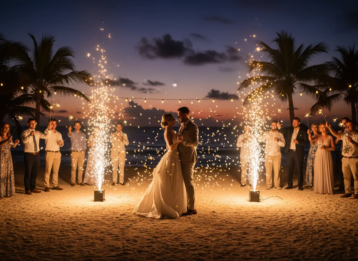 Bride and groom surrounded by cold sparks and petals in Cancun at night