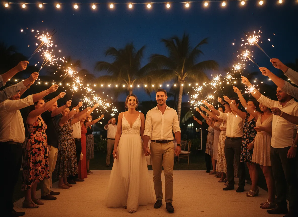 Couple holding hand sparklers during wedding reception in Riviera Maya