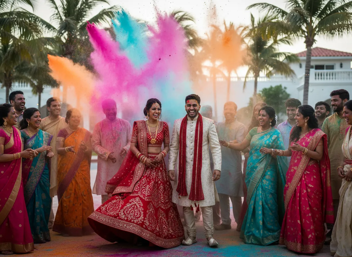 Hindu wedding Holi powder explosion with vibrant colors in Cancun
