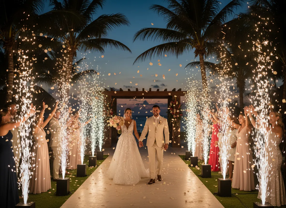 Bride and groom grand entrance with cold spark machines in Riviera Maya