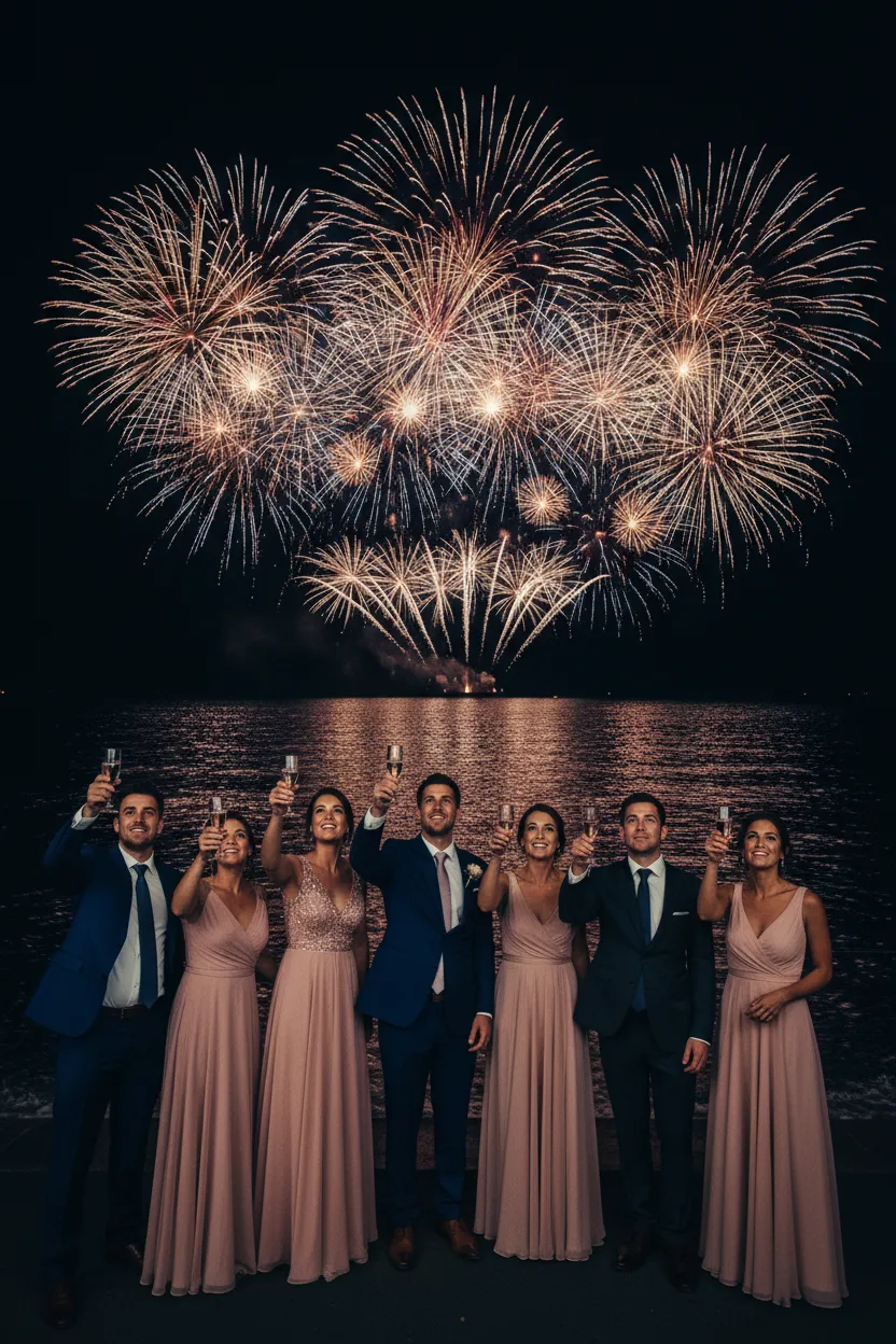 Wide shot of fireworks reflecting over the ocean during a wedding reception