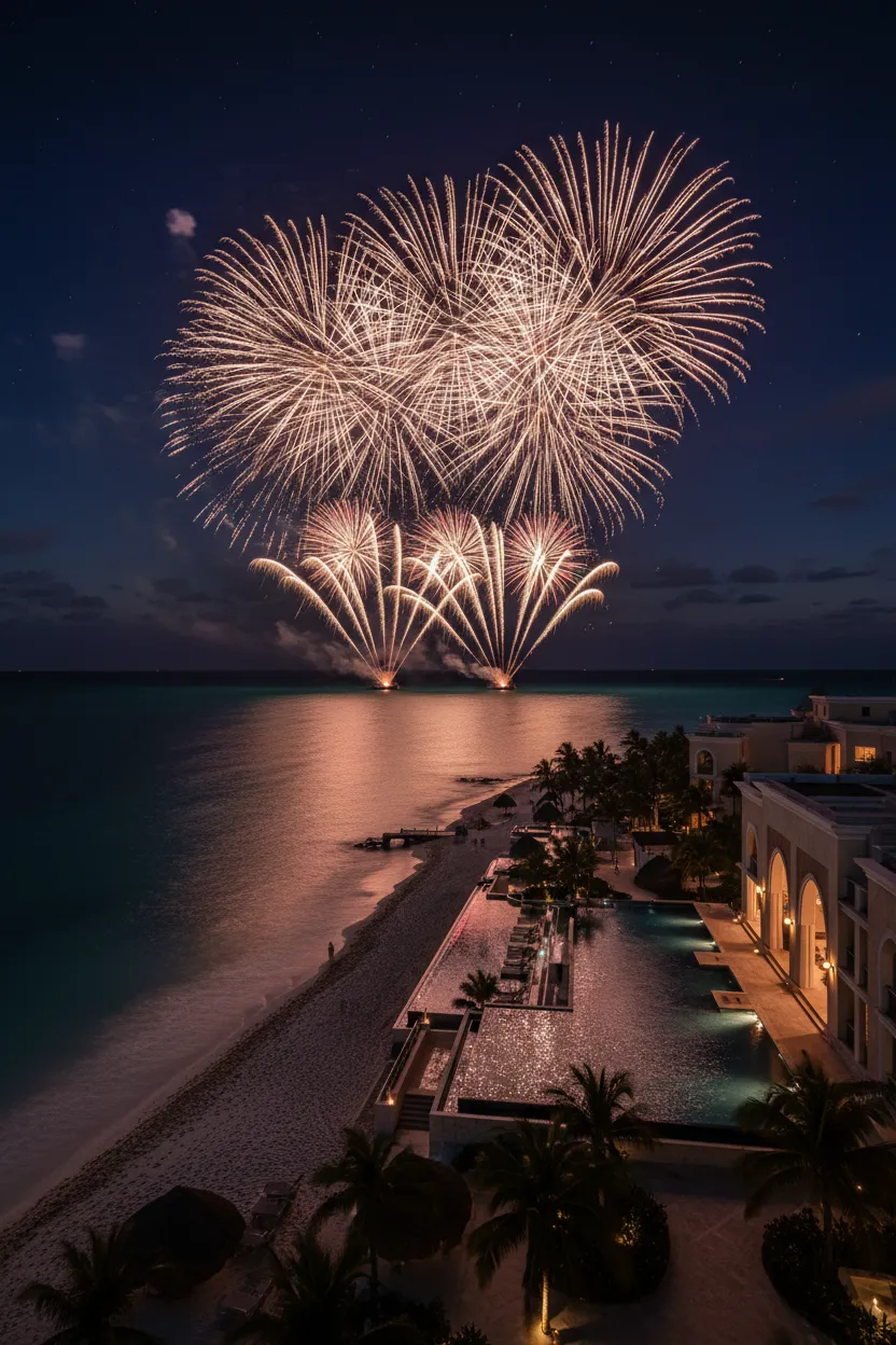 Aerial fireworks illuminating the night sky at a luxury destination wedding
