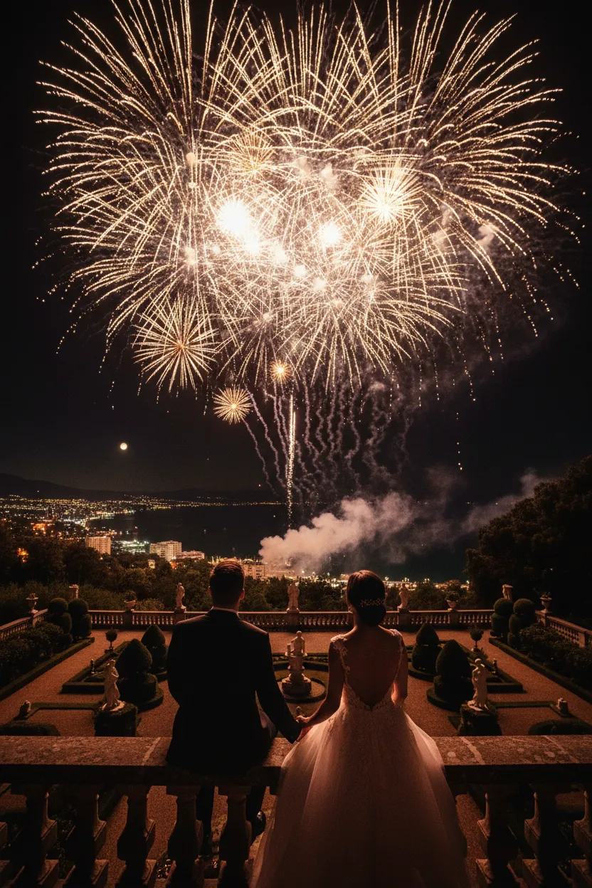 Emotional couple watching their bespoke pyrotechnic display