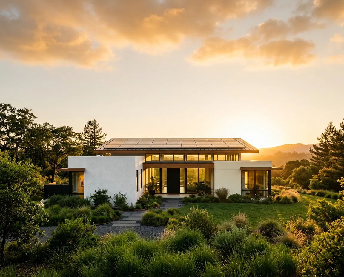 Modern architectural home with integrated rooftop solar panels under clean daylight