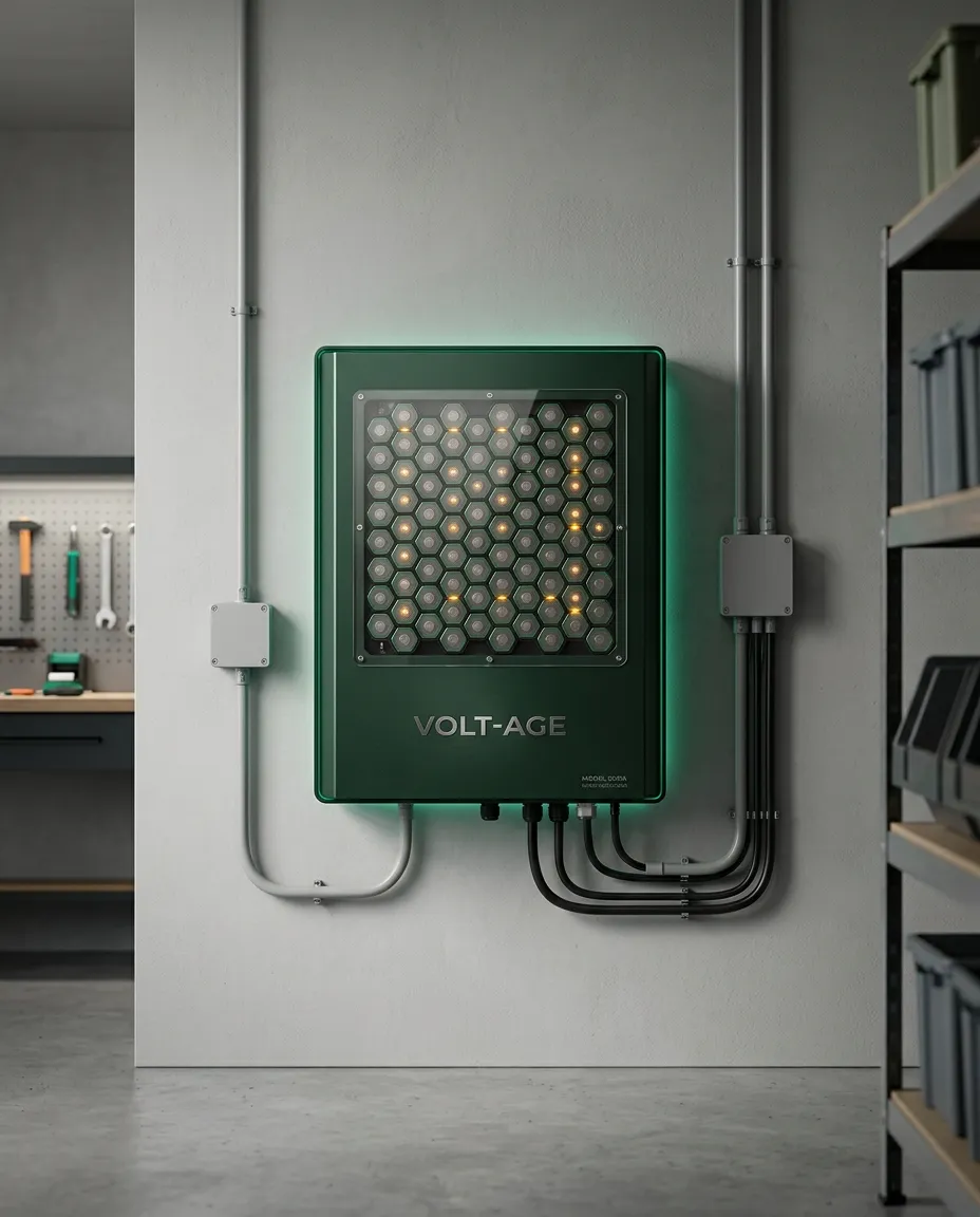 Engineering photo of an ultra-modern wall-mounted lithium iron phosphate home battery cell matrix with active LED status indicators