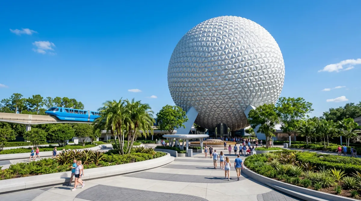 Spaceship Earth at EPCOT on a clear sunny day.