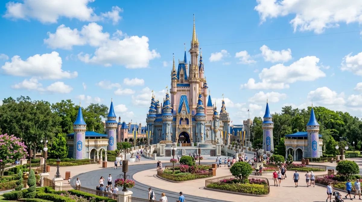 Cinderella Castle at Magic Kingdom under a bright blue sky.