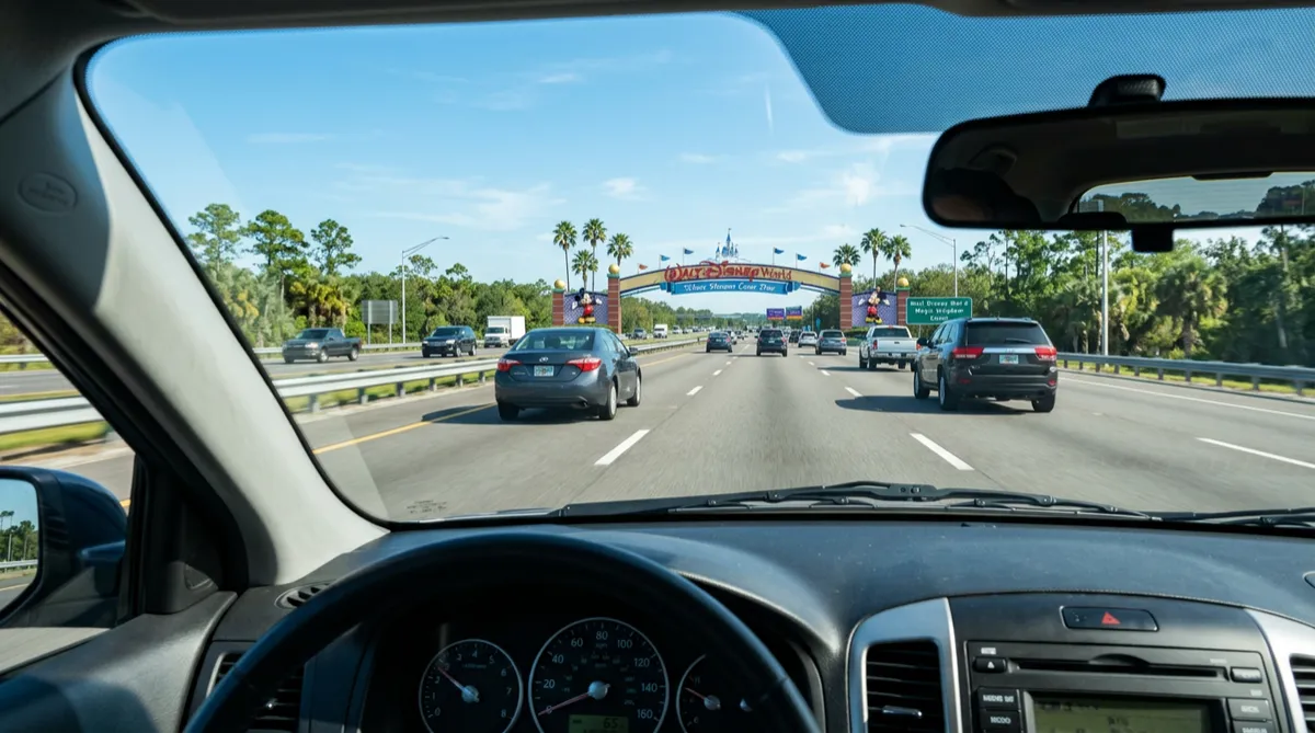 View from inside a car driving on a multi-lane highway towards Disney World under a clear blue sky.