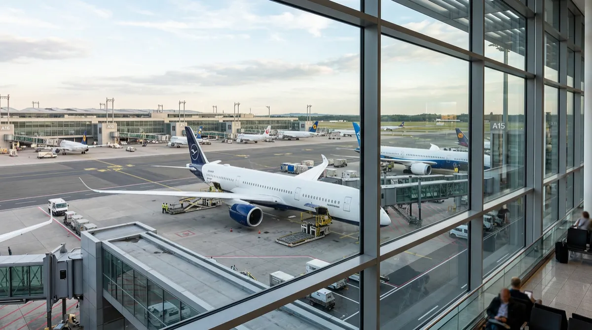 View of airplanes at terminal gates through an airport window.