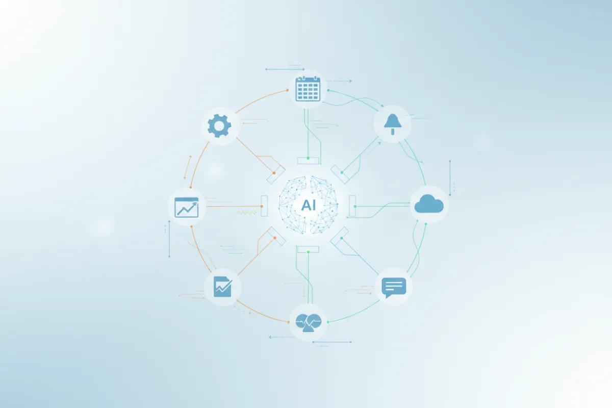 Multiple business apps connected via AI hub, seamless data flow, 3:2 aspect ratio
