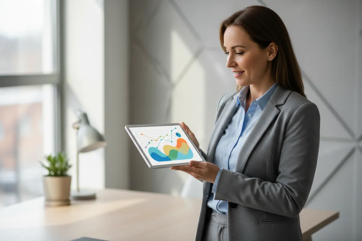 Business owner reviewing AI analytics on tablet, colorful graphs, modern workspace, 3:2 aspect ratio