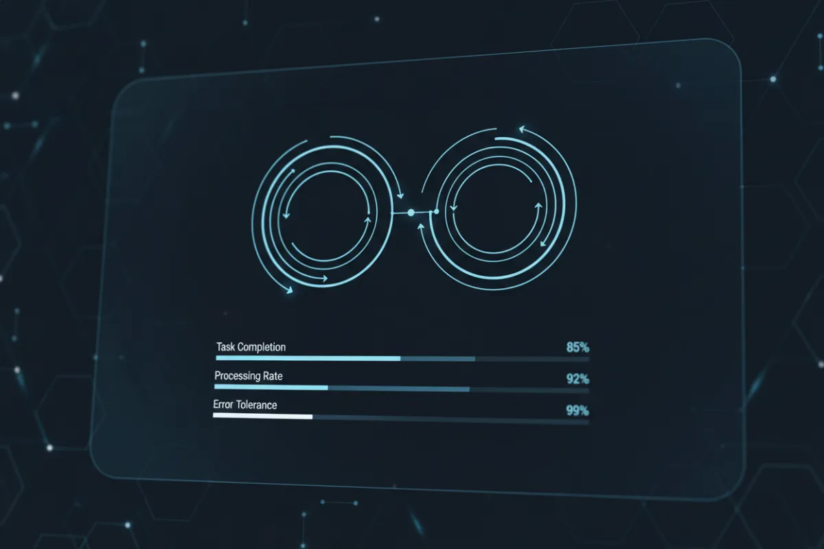 Close-up of AI-powered automation dashboard, blue interface, workflow charts, 3:2 aspect ratio
