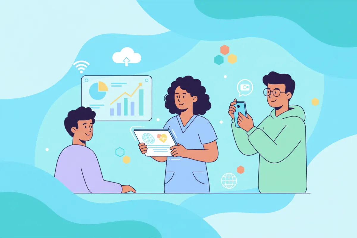 A vibrant flat illustration showing a diverse group of health educators—one presenting on a digital tablet, another recording a video, and a third reviewing analytics—set against abstract blue and teal gradients, symbolizing digital empowerment and online teaching.