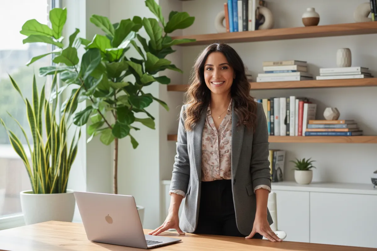 Confident health educator in a bright home office, smiling at the camera with a laptop, plants, and books in the background.