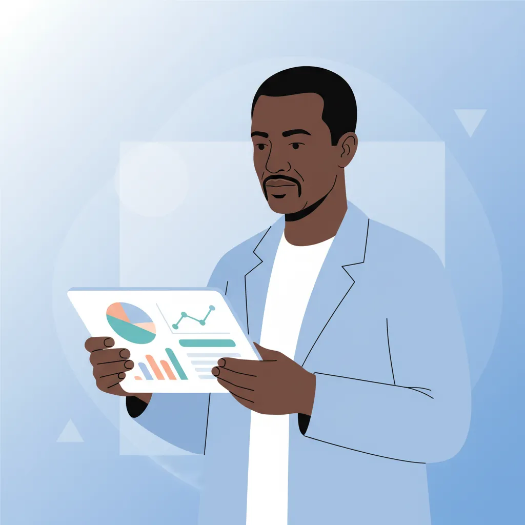 A vector scene showing a real-time analytics dashboard on a tablet, held by a male health educator (early 50s, Black), with charts and graphs visible.