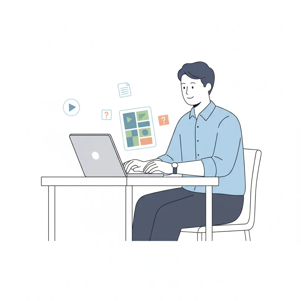 A minimal vector image of a health educator at a desk, using a laptop with course modules displayed, surrounded by floating icons representing video, quizzes, and documents.