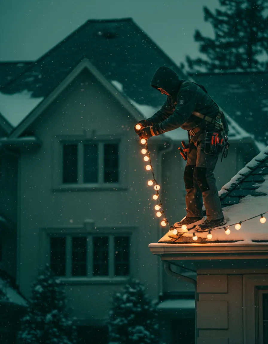 Professional Christmas Light Installer At Work