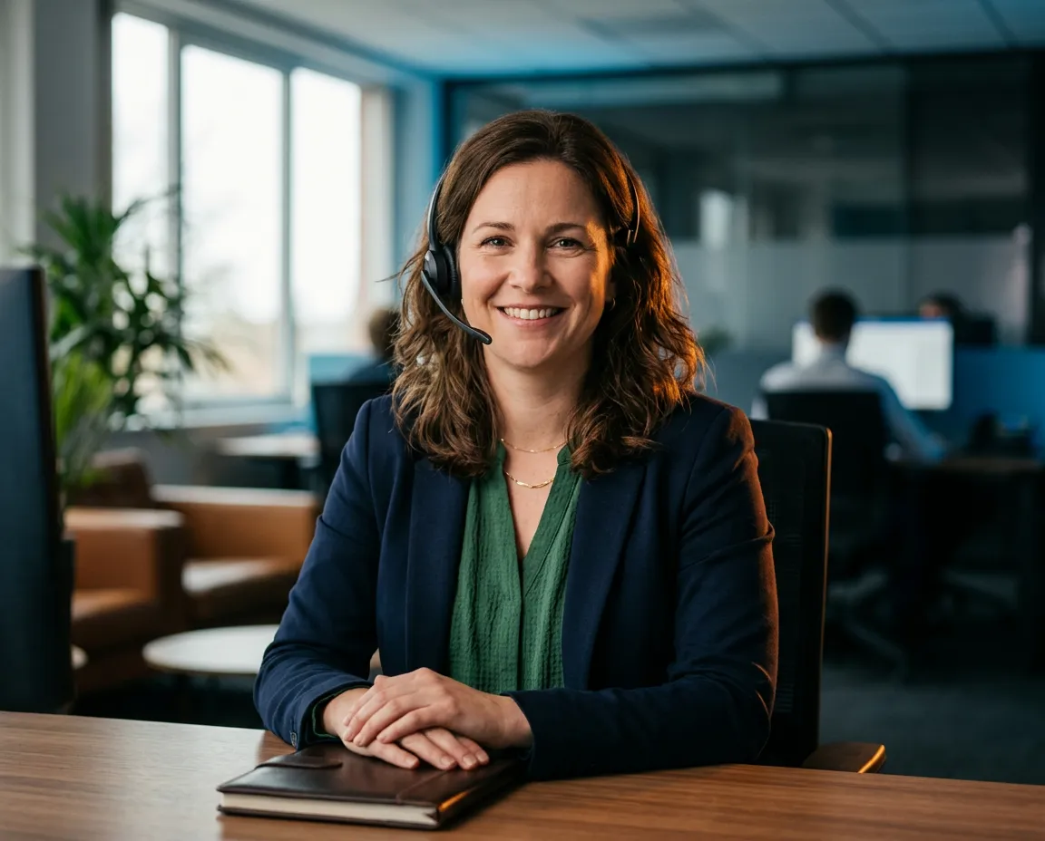 Supportive HRI insurance specialist smiling warmly in a modern professional office setting
