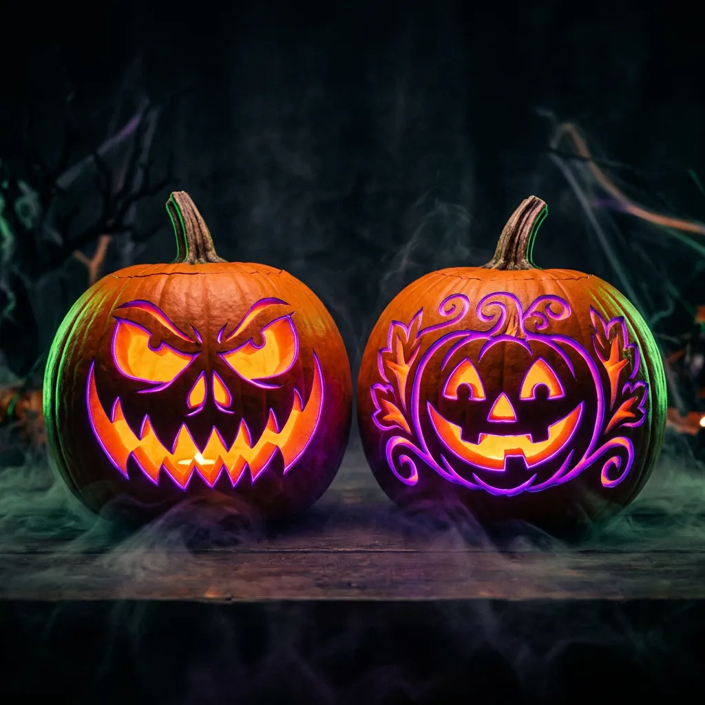 Two glowing carved jack-o'-lanterns side-by-side in dark mist symbolizing financial partnership