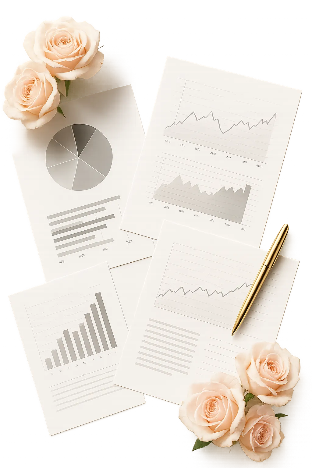 Financial reports and charts with flowers representing business financial clarity