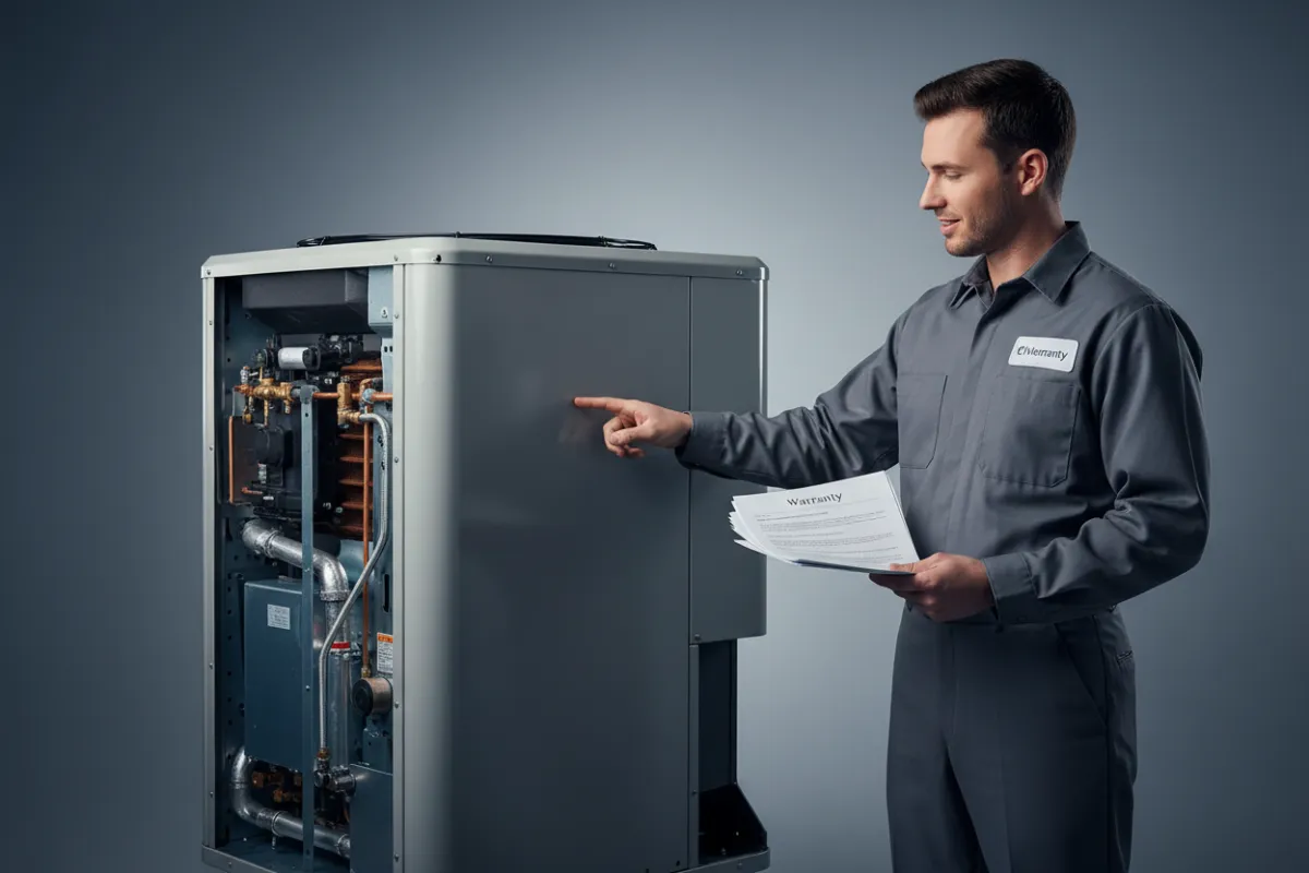 High-efficiency HVAC units with warranty-backed installation by professional technicians, clean composition optimized for dark backgrounds