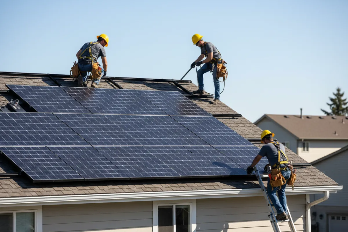 Team installing solar panels on a residential roof