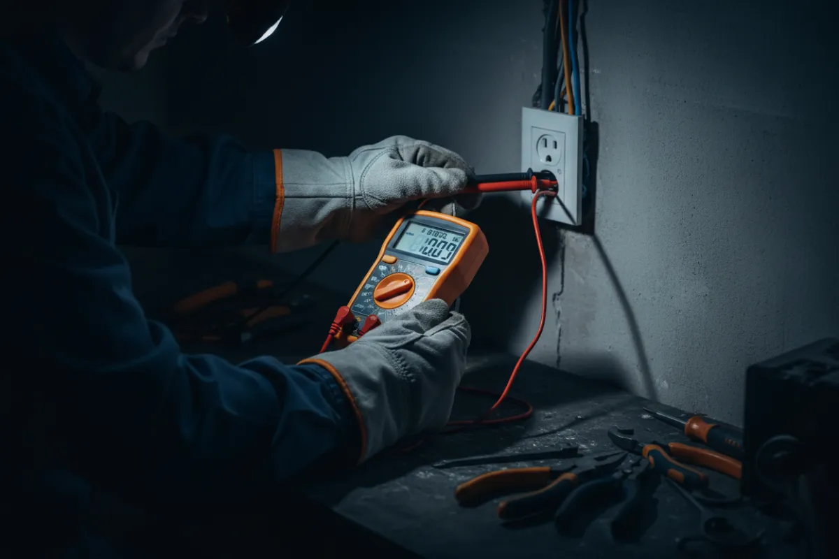 Technician testing electrical equipment with multimeter