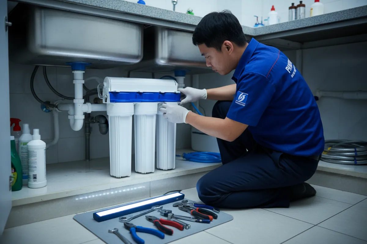 Technician performing filtration system maintenance
