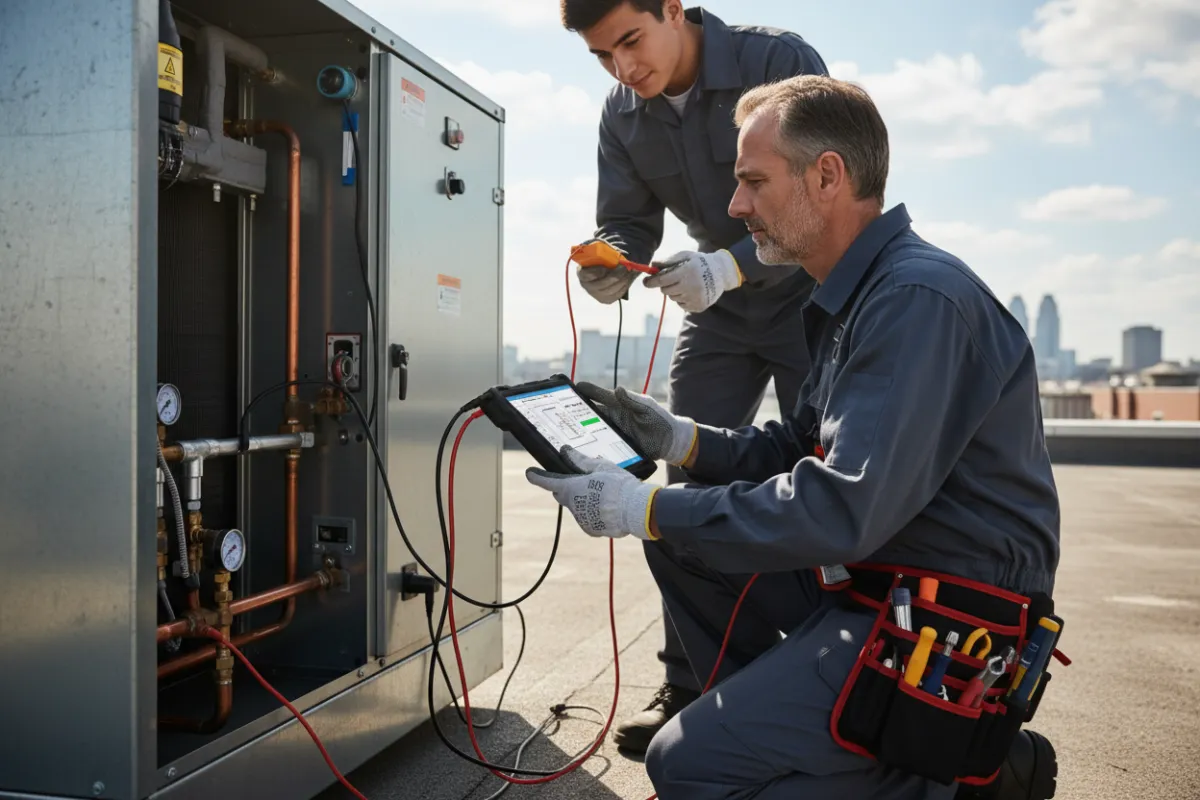 Rapid-response HVAC technicians performing on-site diagnostics, equipment checks, and professional installation; veteran-led, high-contrast for dark backgrounds