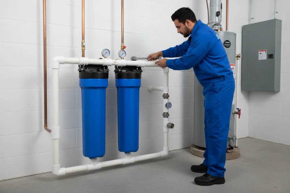 Technician installing a whole-home water filtration system