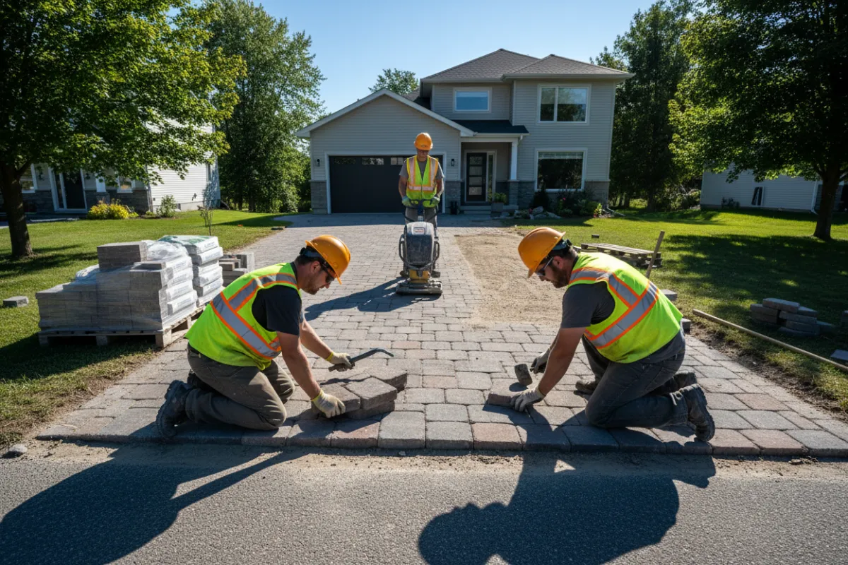 Réparation de pavé uni à Fleurimont — gros plan sur les mains et les outils d'ouvriers réparant des pavés interverrouillés dans un quartier résidentiel, contexte clair de réparation de pavé