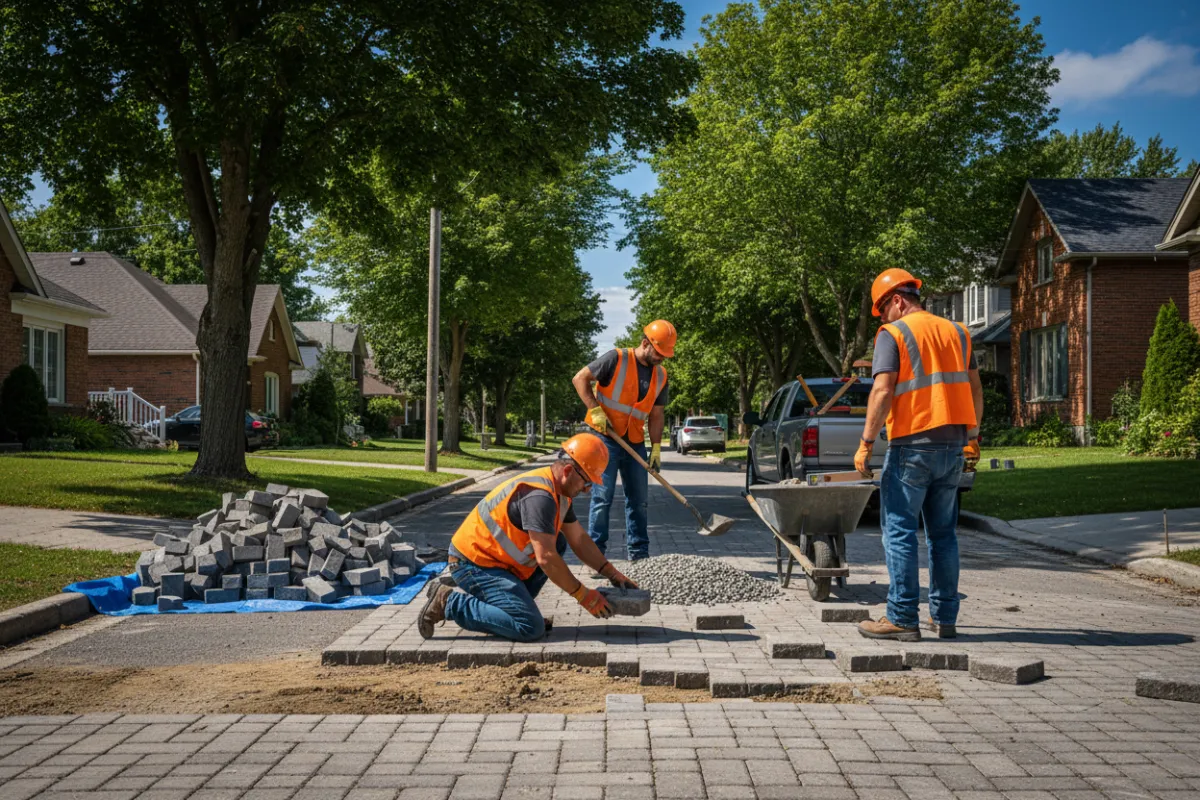 Réparation de pavé uni à Rock Forest — ouvriers réparant des pavés interverrouillés dans un quartier résidentiel en journée
