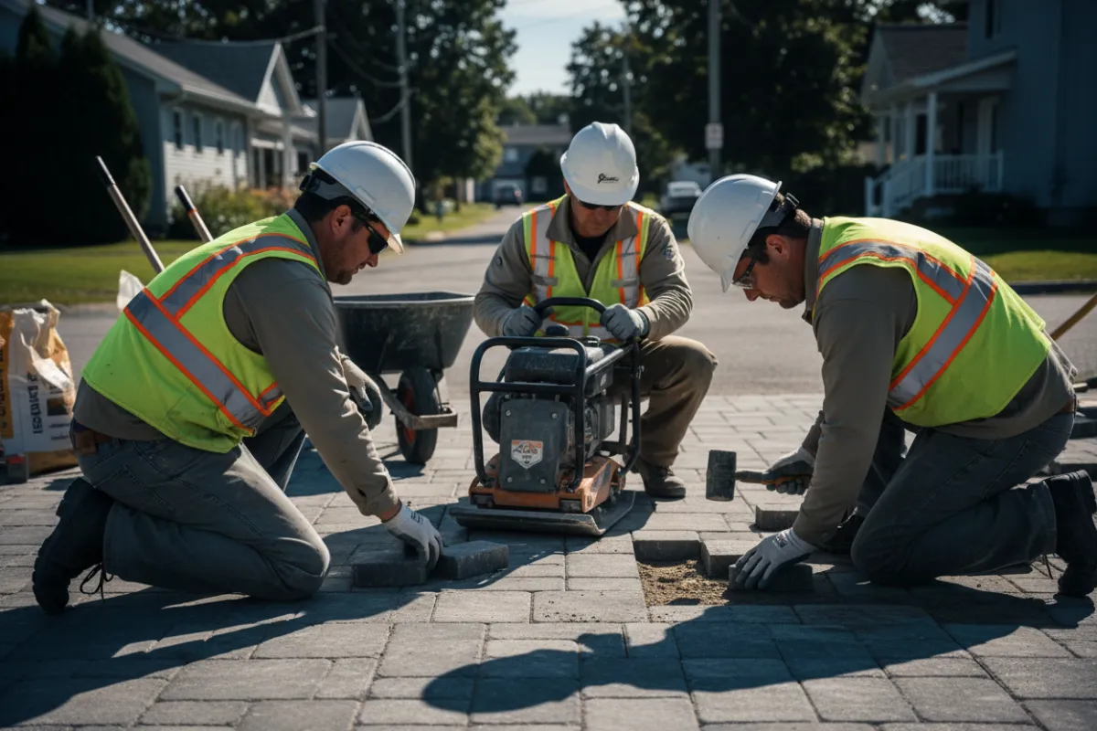 Réparation de pavé uni à Coaticook — gros plan sur les mains et les outils d'ouvriers réparant des pavés interverrouillés dans un quartier résidentiel, contexte clair de réparation de pavé