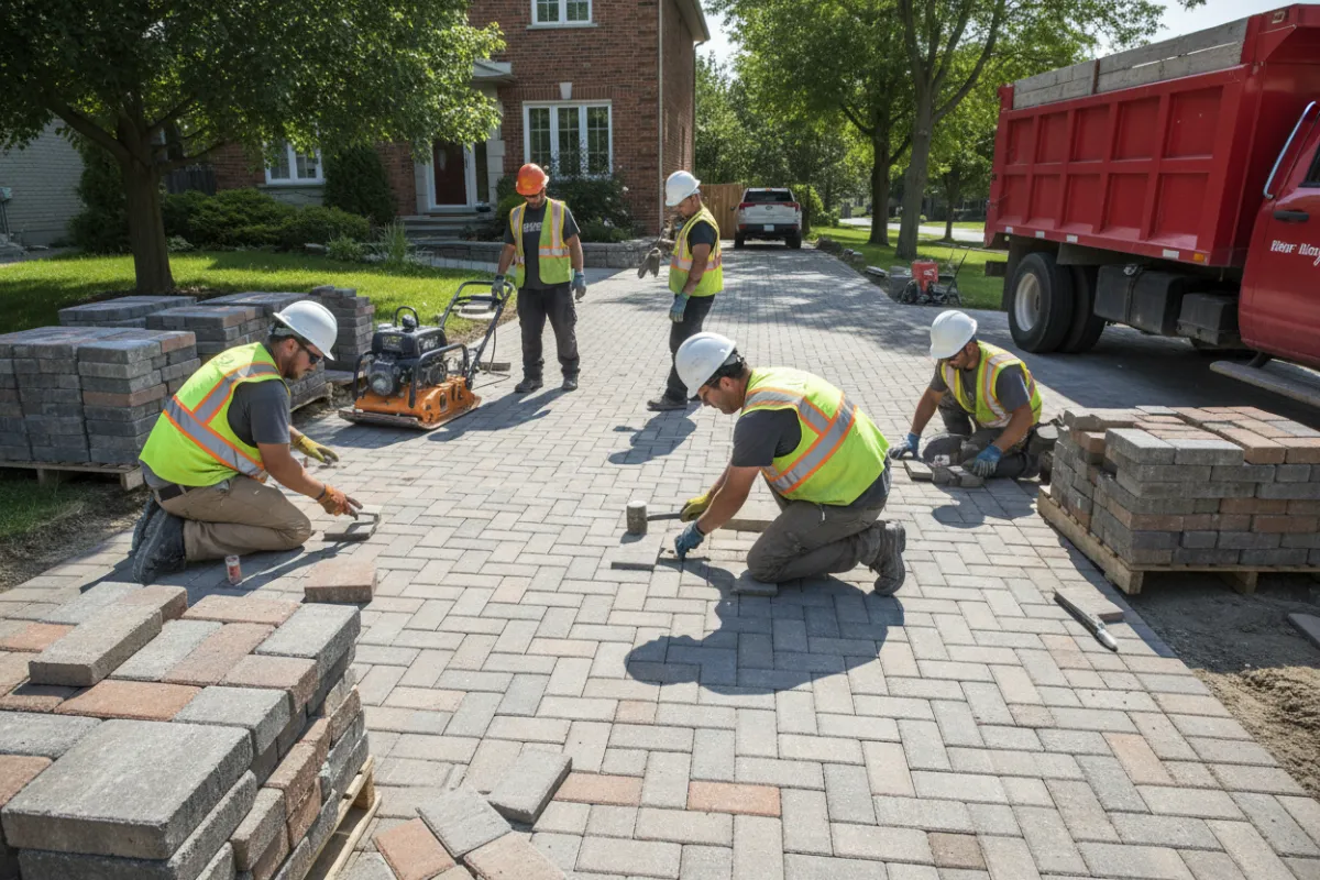 Réparation de pavé uni à Windsor — aperçu du site avec l'équipe de réparation et des pavés, en plein jour