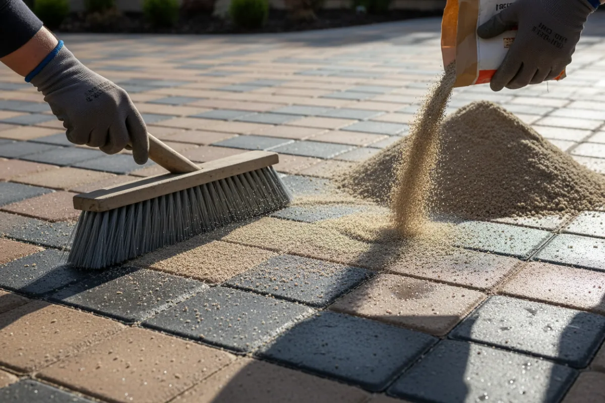 Clean interlocking pavers being swept and polymeric sand applied (no faces; hands or tools only)