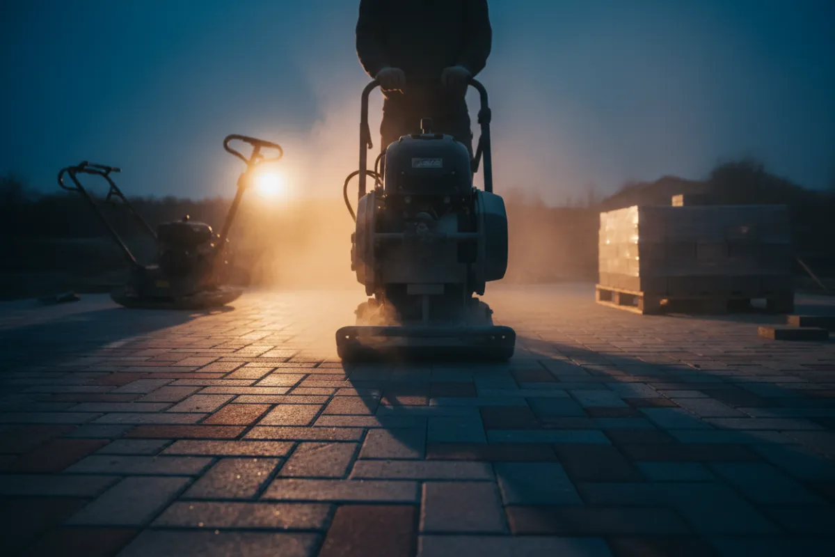 Équipement de compactage travaillant sur des pavés, sans visages