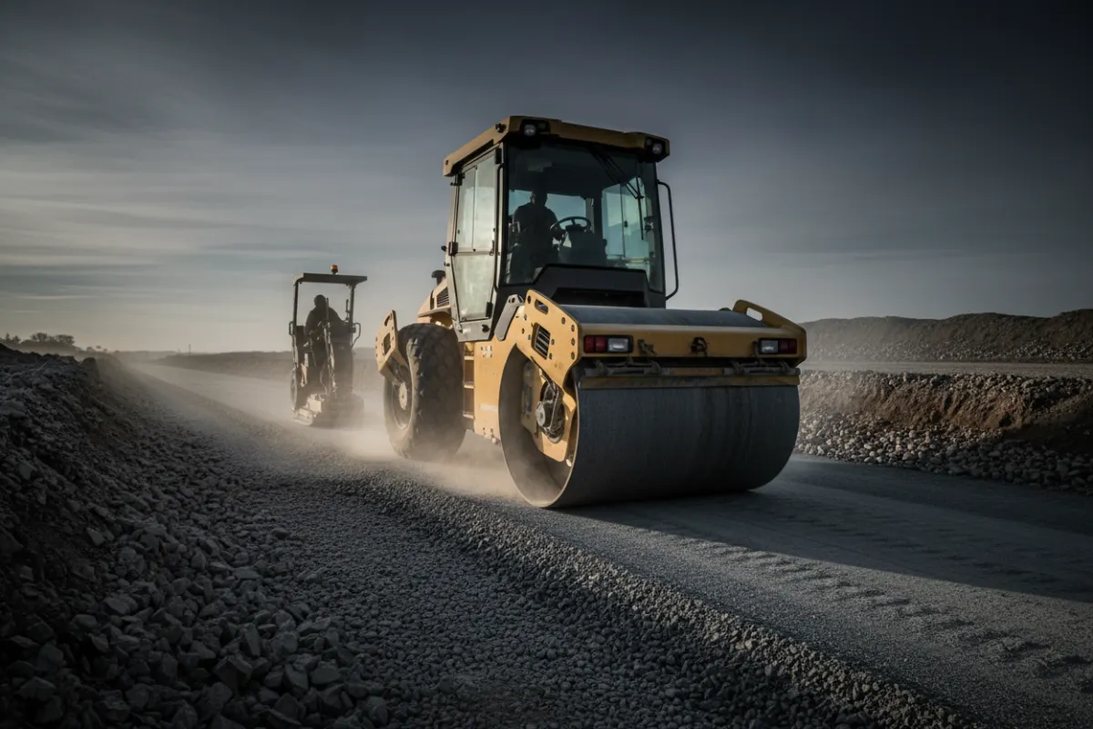 Compacting equipment and compacted base layers for pavé uni (no people)
