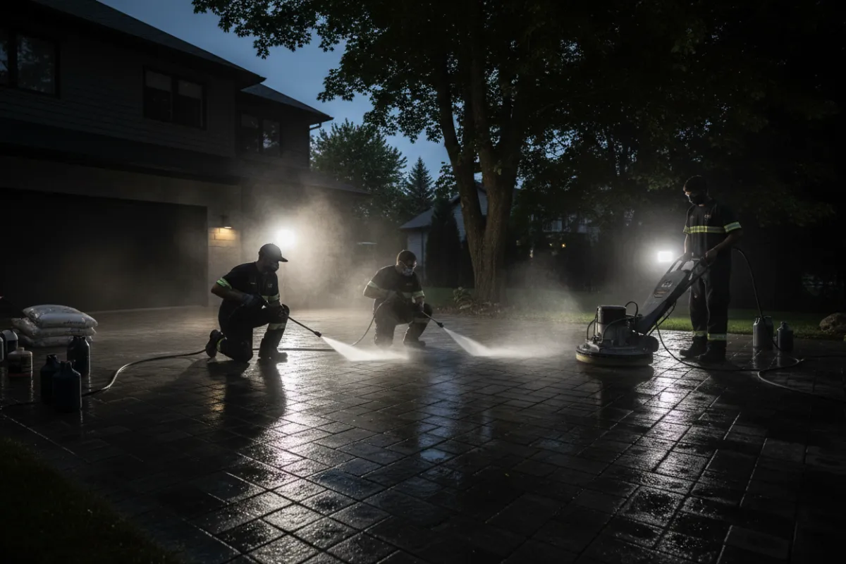 Réparation de pavé uni à Fleurimont — aperçu du site avec l'équipe de réparation et des pavés, en plein jour